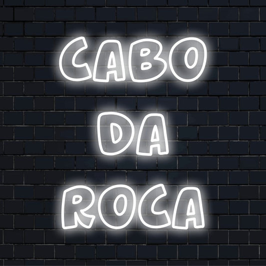 Cabo Da Roca Neon Sign, bright LED glow on black brick background