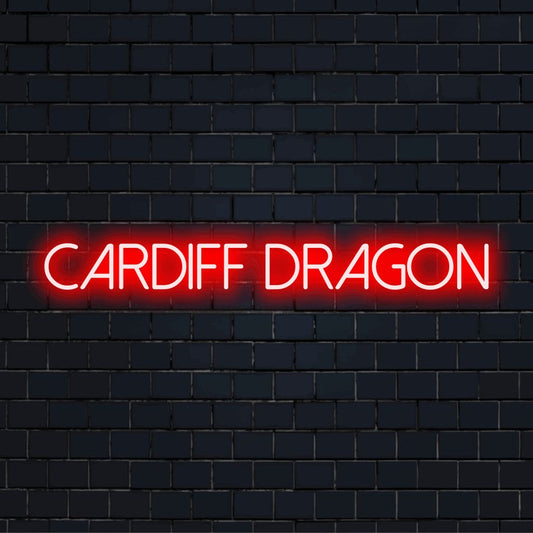 Cardiff Dragon Neon Sign, bright LED glow on black brick background