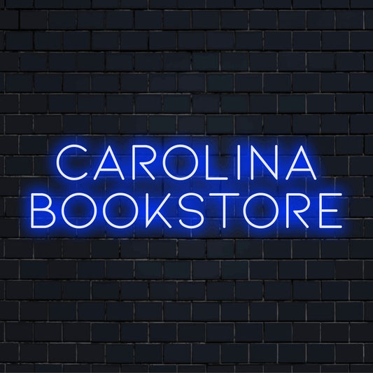 Carolina Bookstore Custom Name Neon Sign, bright neon lettering on black brick background