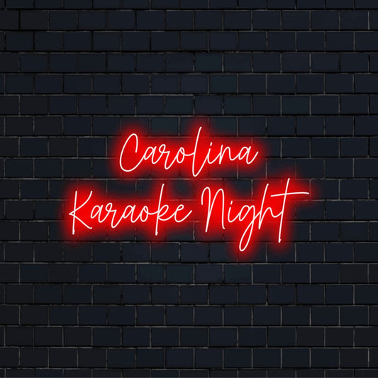 Carolina Karaoke Night Custom Name Neon Sign, glowing wall decor against black brick wall