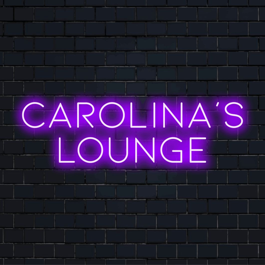 Carolina_s Lounge Custom Name Neon Sign, glowing neon text against black brick wall