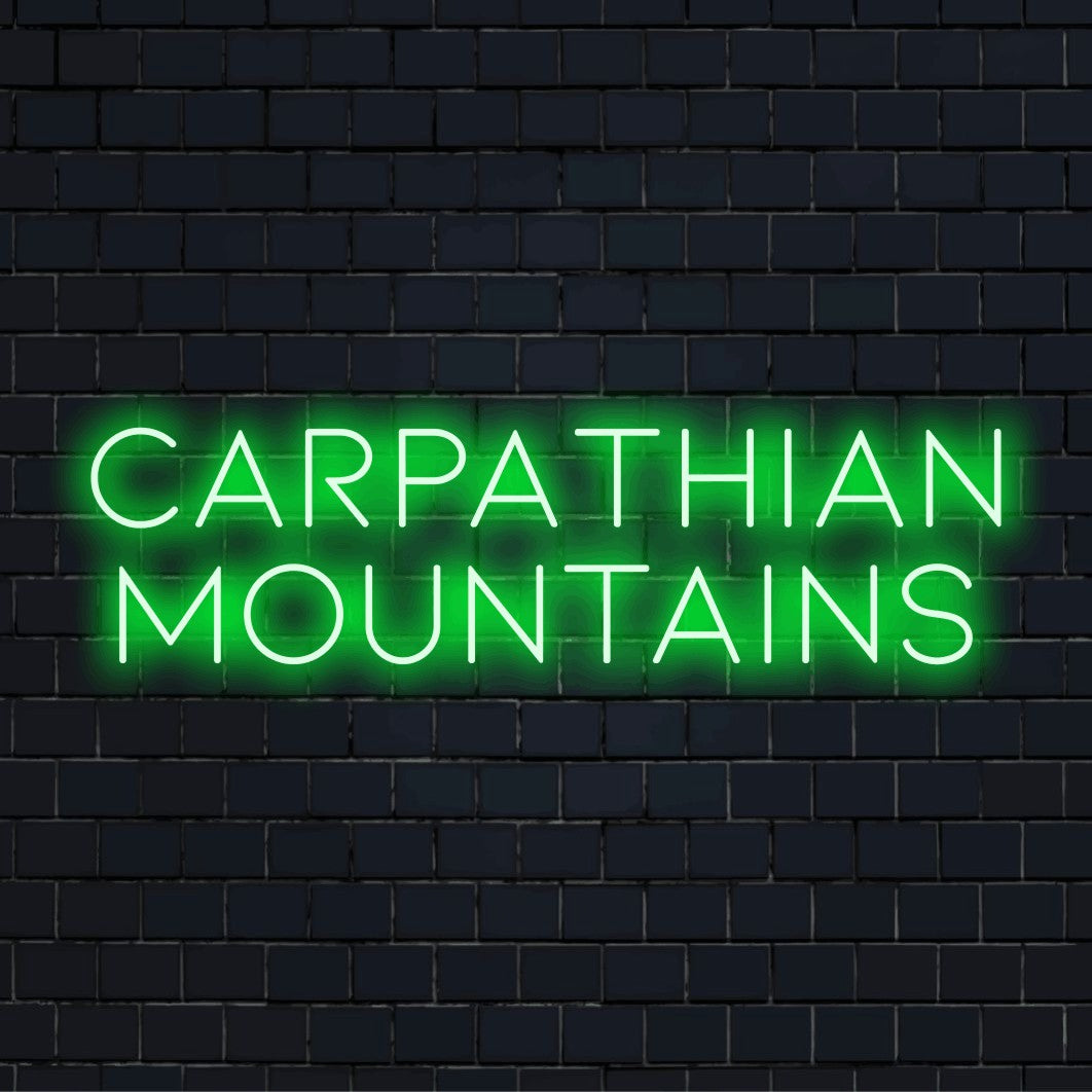 Carpathian Mountains Neon Light with soft neon glow on dark brick background