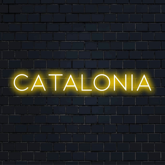 Catalonia Neon Sign, bright LED glow against black brick wall