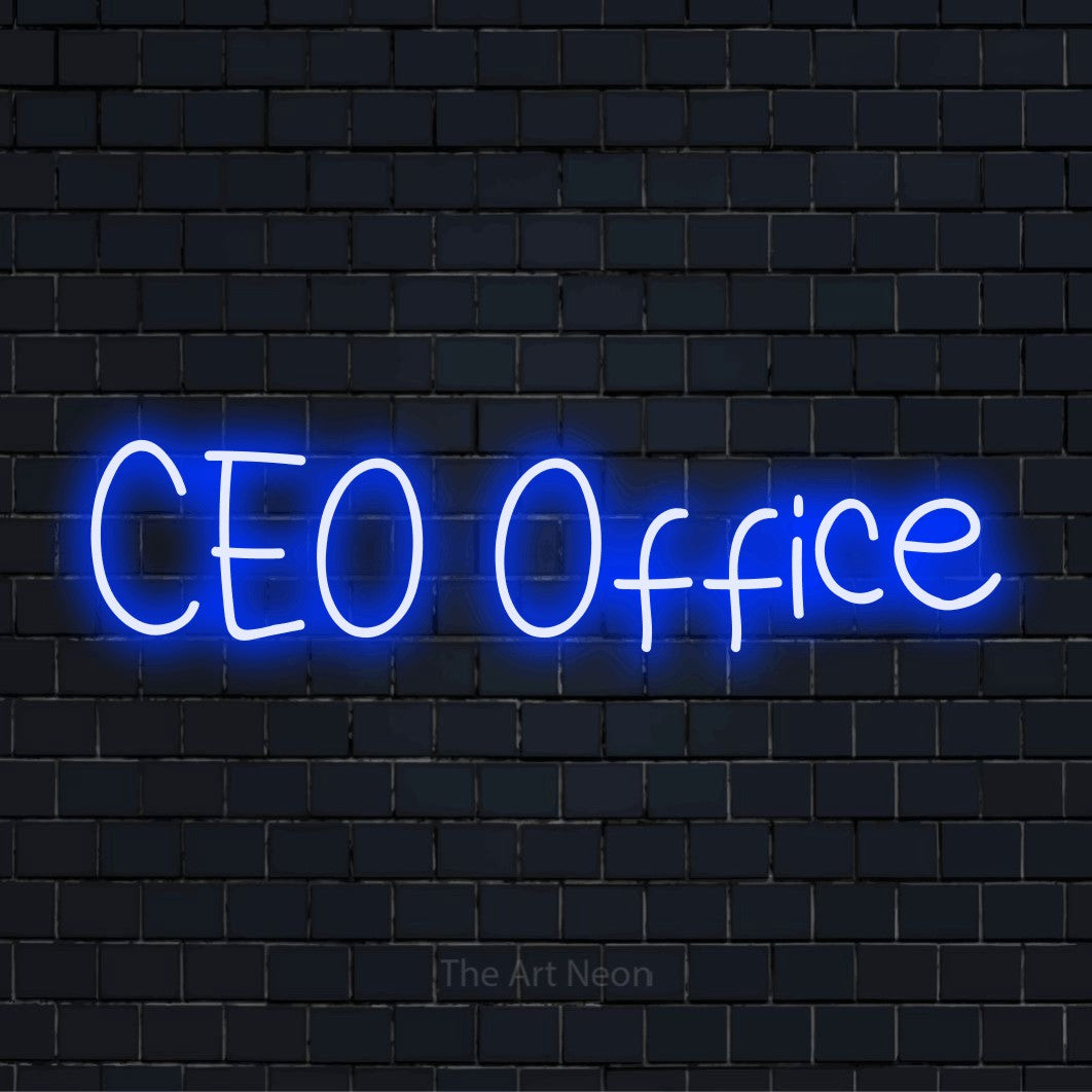 "Ceo Office" script-style LED neon sign on a black brick wall