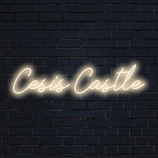 Cesis Castle LED Neon Sign, neon text light on black brick background