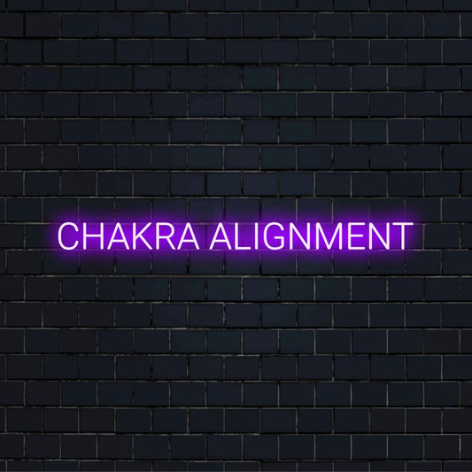Chakra Alignment Neon Sign, soft neon glow against brick backdrop