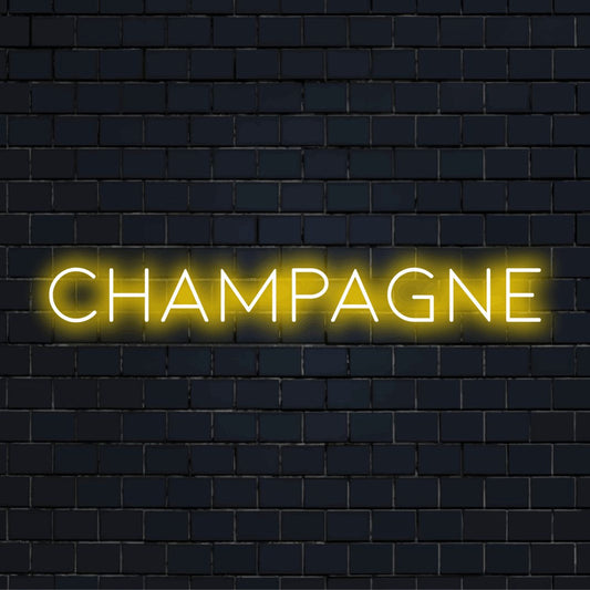 Champagne Neon Sign, glowing wall decor on black brick background