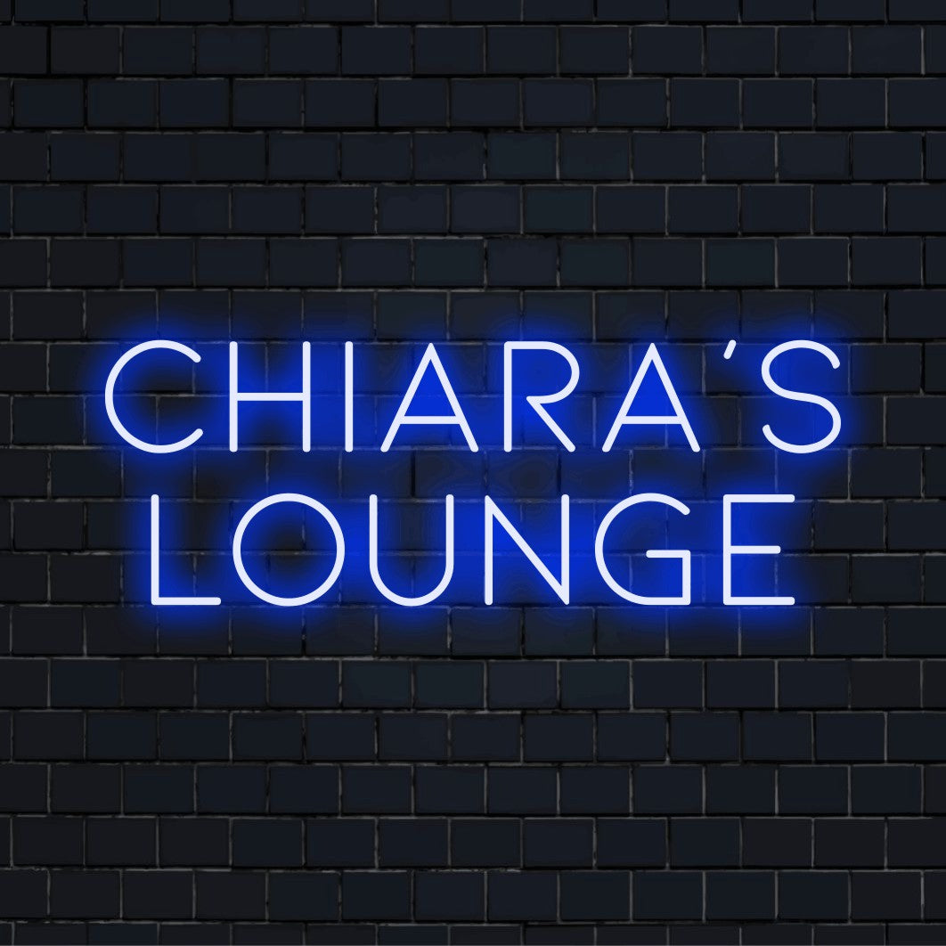 Chiara_s Lounge Custom Name Neon Sign, bright neon glow on black brick background