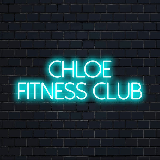 Chloe Fitness Club Custom Name Neon Sign, bright neon lettering on black brick background