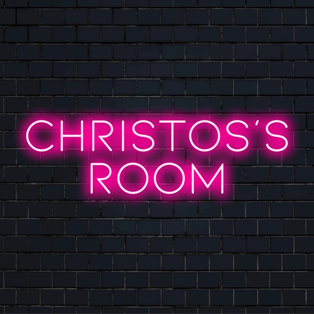 Christos_s Room Personalized Neon Light with bright LED glow on dark brick background