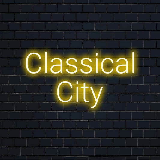Classical City Neon Light with glowing neon text against black brick wall