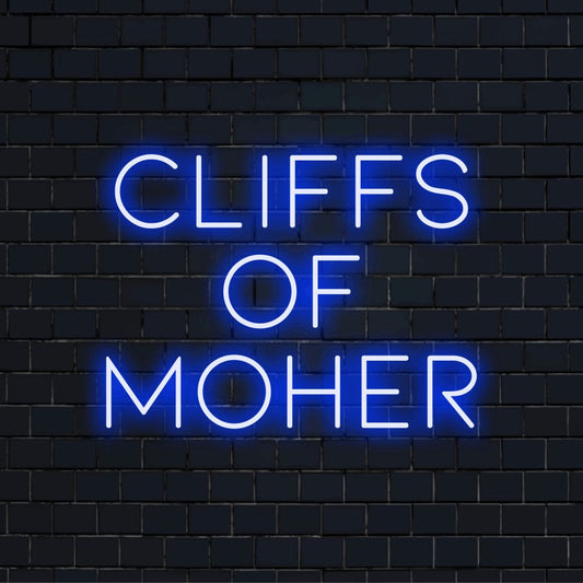 Cliffs Of Moher LED Neon Sign, glowing lettering against black brick wall