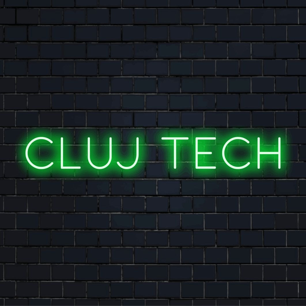 Cluj Tech LED Neon Sign, bright neon lettering on black brick background