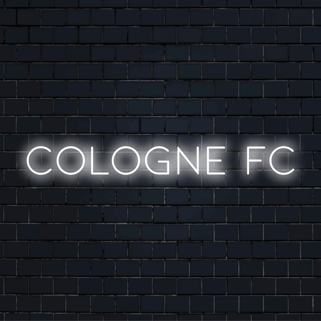 Cologne Fc LED Neon Sign, glowing neon text on dark brick background