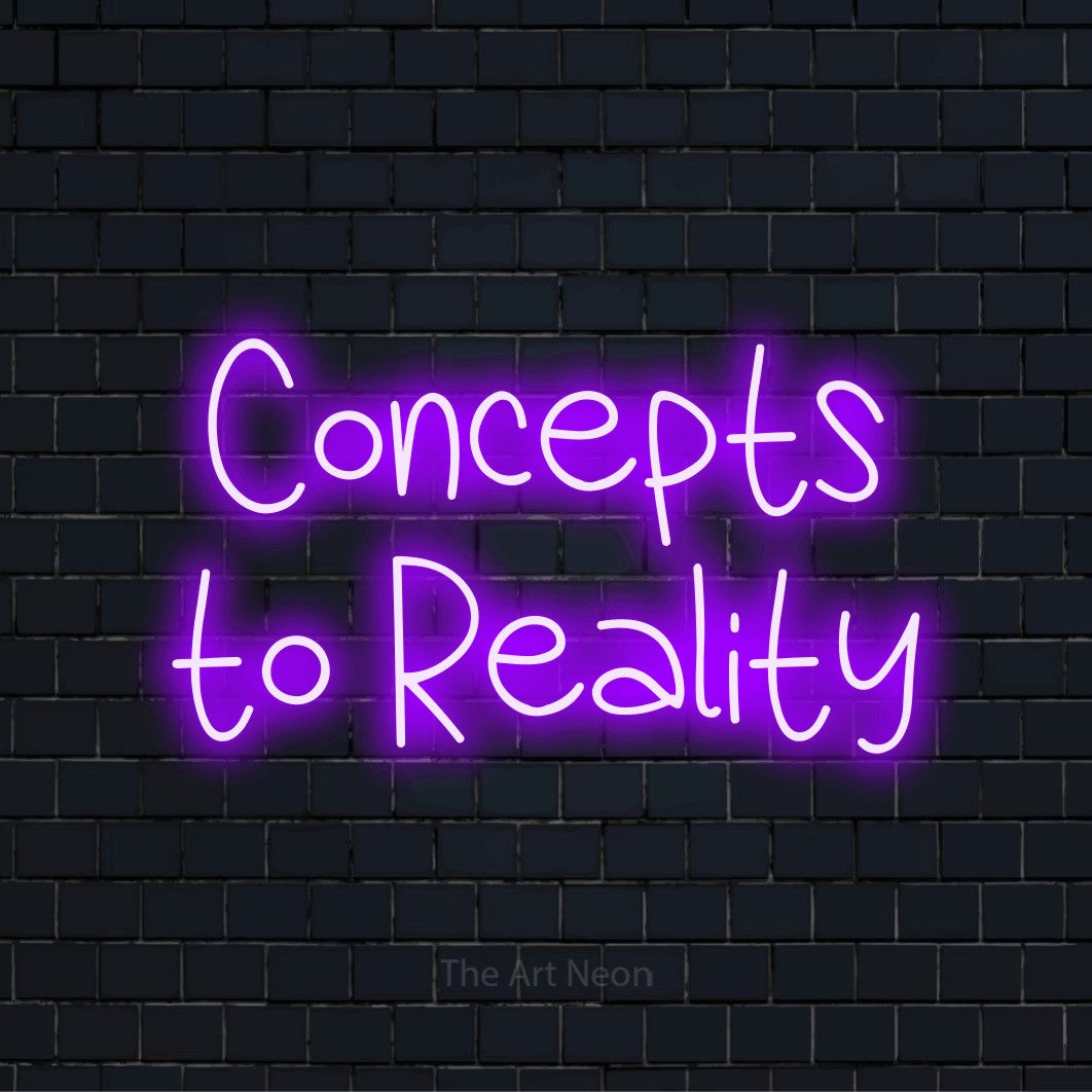 "Concepts To Reality" text design with neon effect on a black brick wall