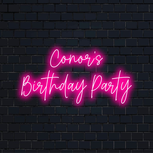 Conor_s Birthday Party Custom Name Neon Sign, bright neon glow against black brick wall