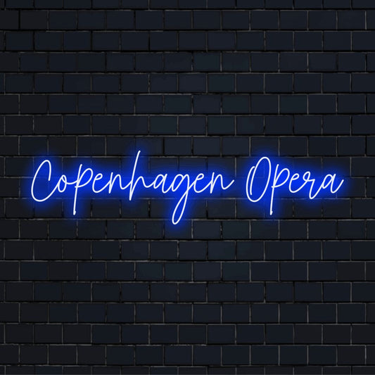 Copenhagen Opera Neon Sign, glowing neon text against black brick wall