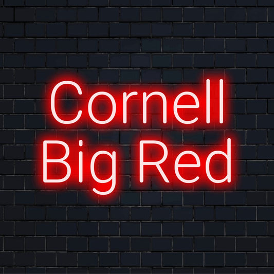Cornell Big Red Neon Sign, glowing lettering on black brick background