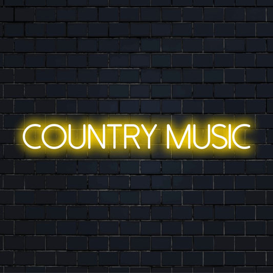Country Music Neon Sign, bright neon lettering on dark brick wall