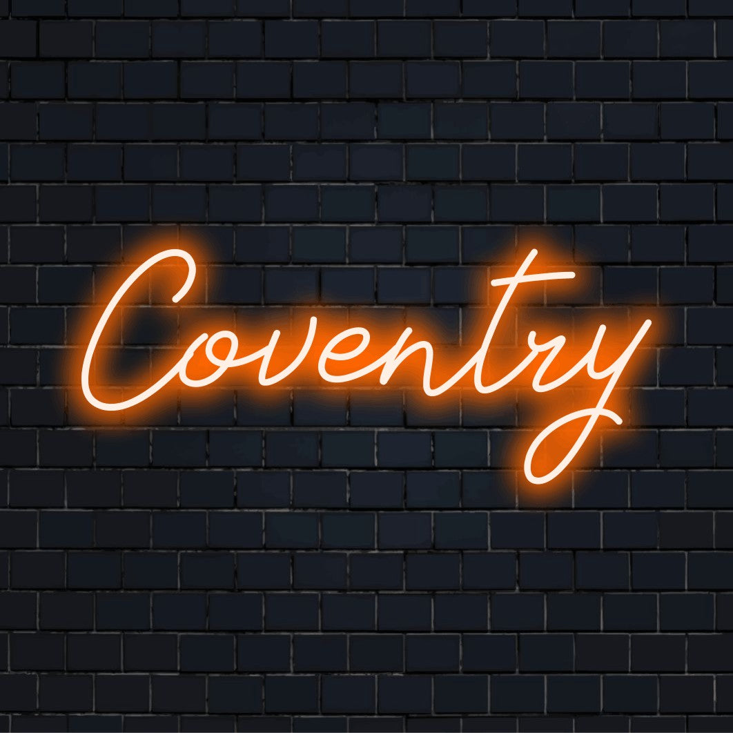 Coventry LED Neon Sign, bright LED glow on dark brick wall