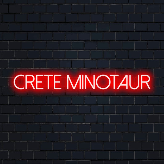 Crete Minotaur Neon Sign, glowing neon text against brick backdrop
