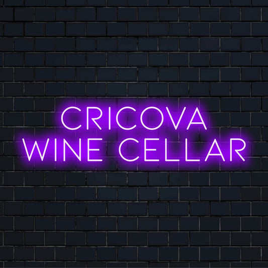 Cricova Wine Cellar Neon Sign, glowing wall decor on dark brick wall