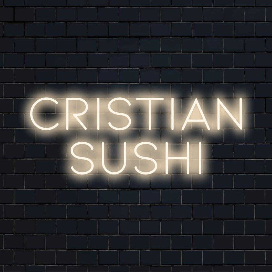 Cristian Sushi Custom Name Neon Sign, glowing wall decor against brick backdrop