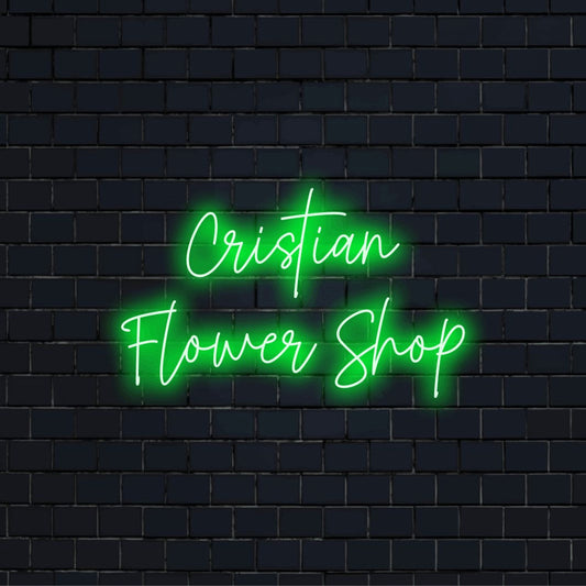 Cristian Flower Shop Custom Name Neon Sign, glowing wall decor against brick backdrop