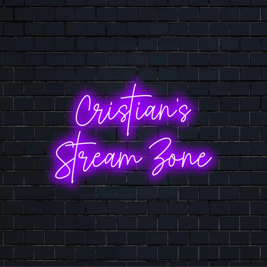 Cristian_s Stream Zone Custom Name Neon Sign, glowing wall decor against black brick wall