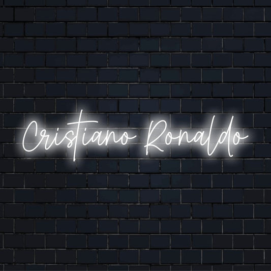 Cristiano Ronaldo Neon Sign, bright LED glow on dark brick wall