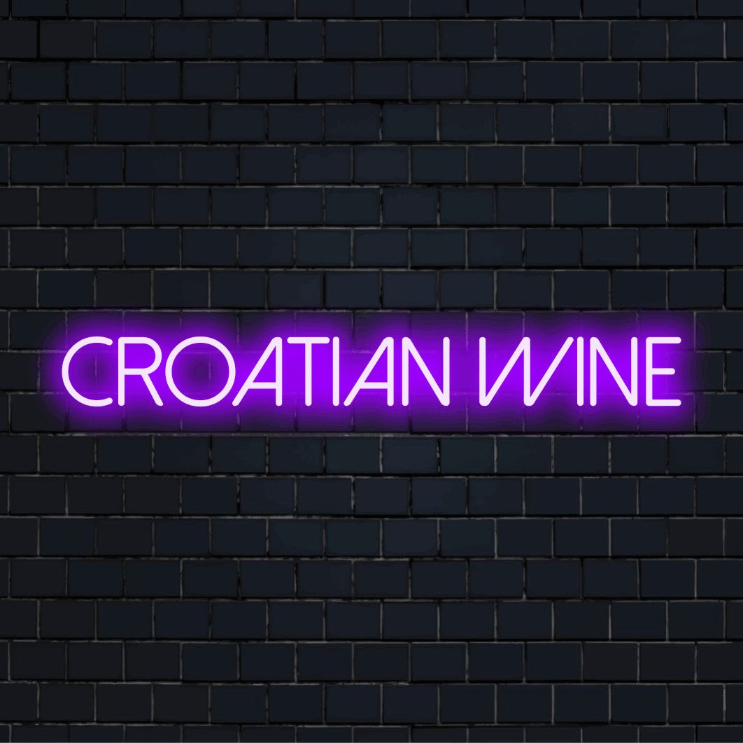 Croatian Wine Neon Sign, soft neon glow against black brick wall