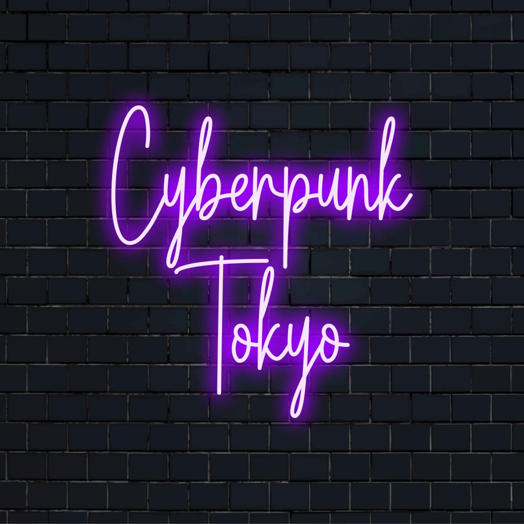 Cyberpunk Tokyo Neon Sign, soft neon glow on dark brick background