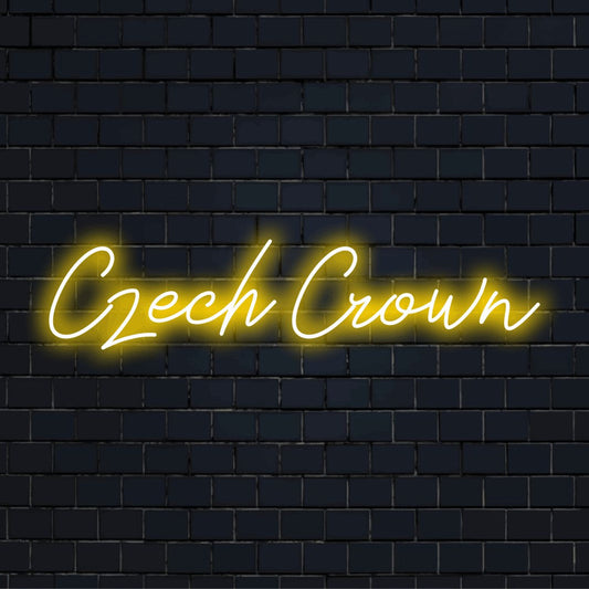 Czech Crown Neon Light with soft neon glow on black brick background