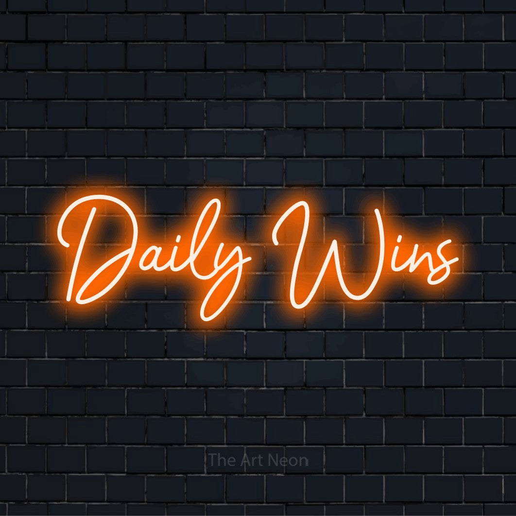 "Daily Wins" text design with neon effect on a black brick wall