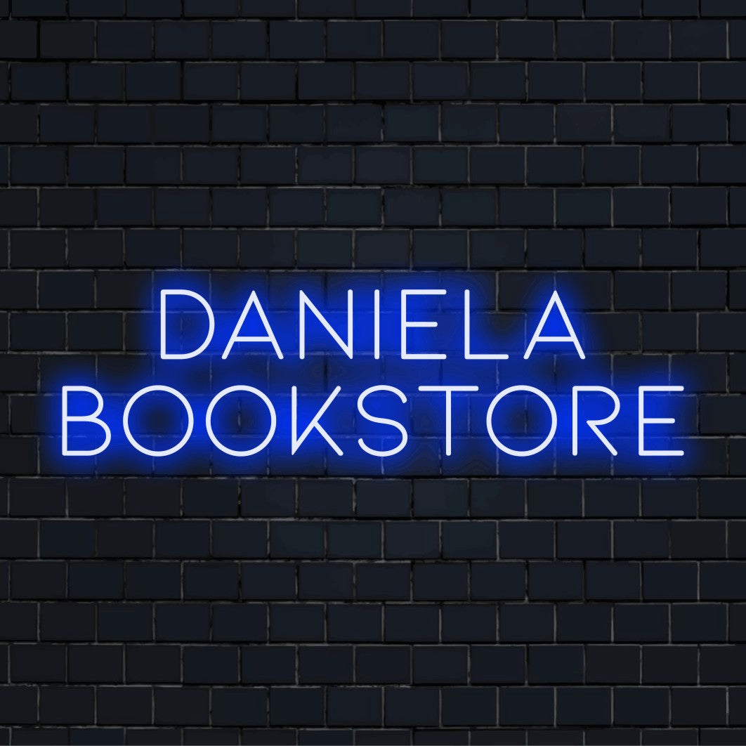 Daniela Bookstore Custom Name Neon Sign, glowing wall decor on dark brick background