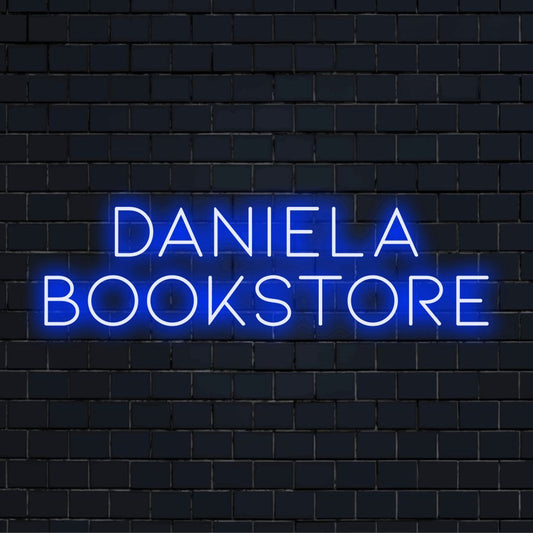 Daniela Bookstore Custom Name Neon Sign, glowing wall decor on dark brick background