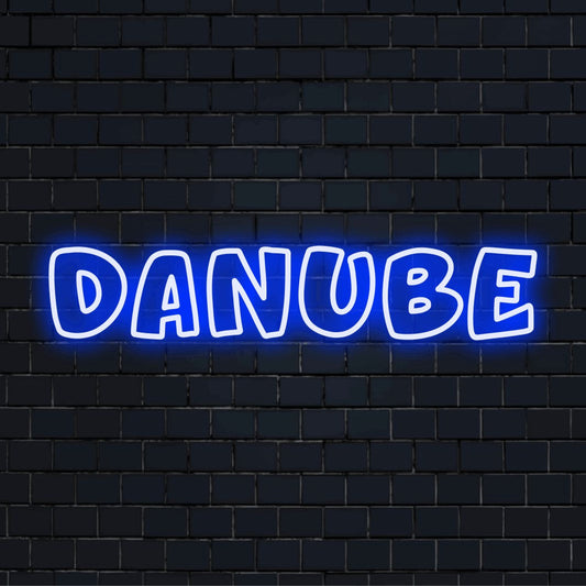 Danube LED Neon Sign, glowing lettering against brick backdrop