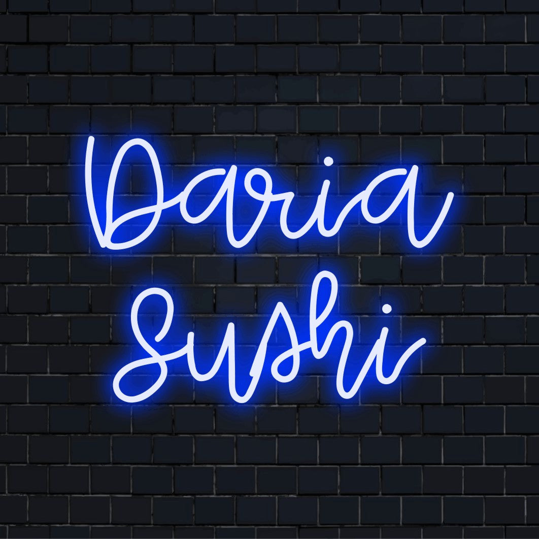 Daria Sushi Custom Name Neon Sign, bright neon lettering on black brick background