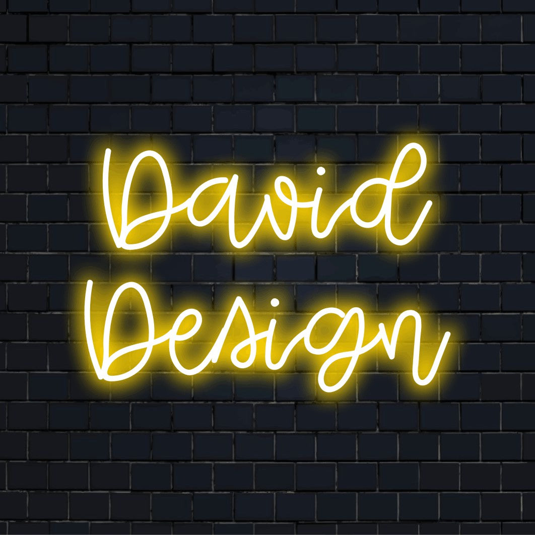 David Design Custom Name Neon Sign, bright neon lettering on black brick background
