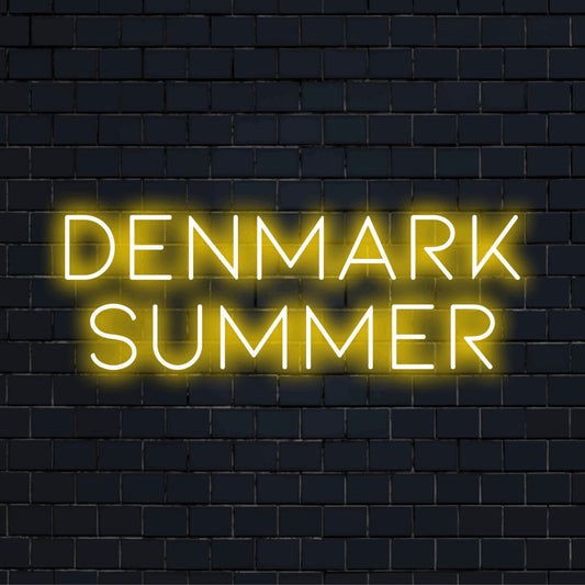 Denmark Summer LED Neon Sign, bright LED glow on black brick background
