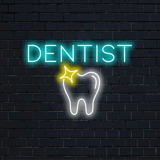 Dentist LED Neon Sign, neon text light against brick backdrop