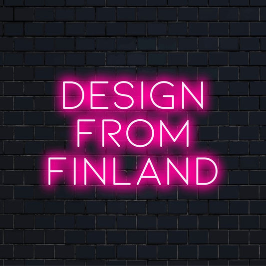 Design From Finland Neon Light with bright neon glow on dark brick background