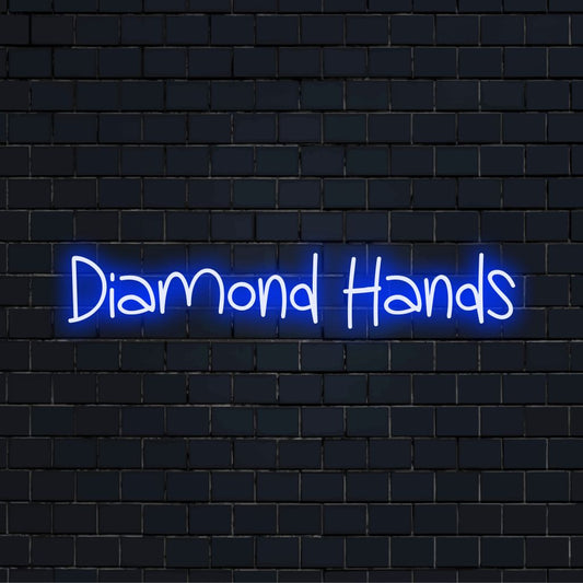 Diamond Hands LED Neon Sign, bright neon glow on black brick background