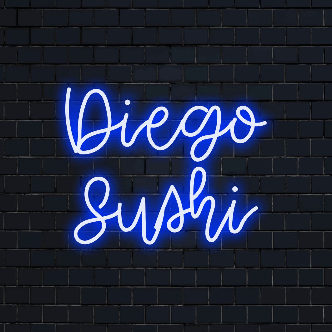 Diego Sushi Custom Name Neon Sign, bright neon glow against black brick wall