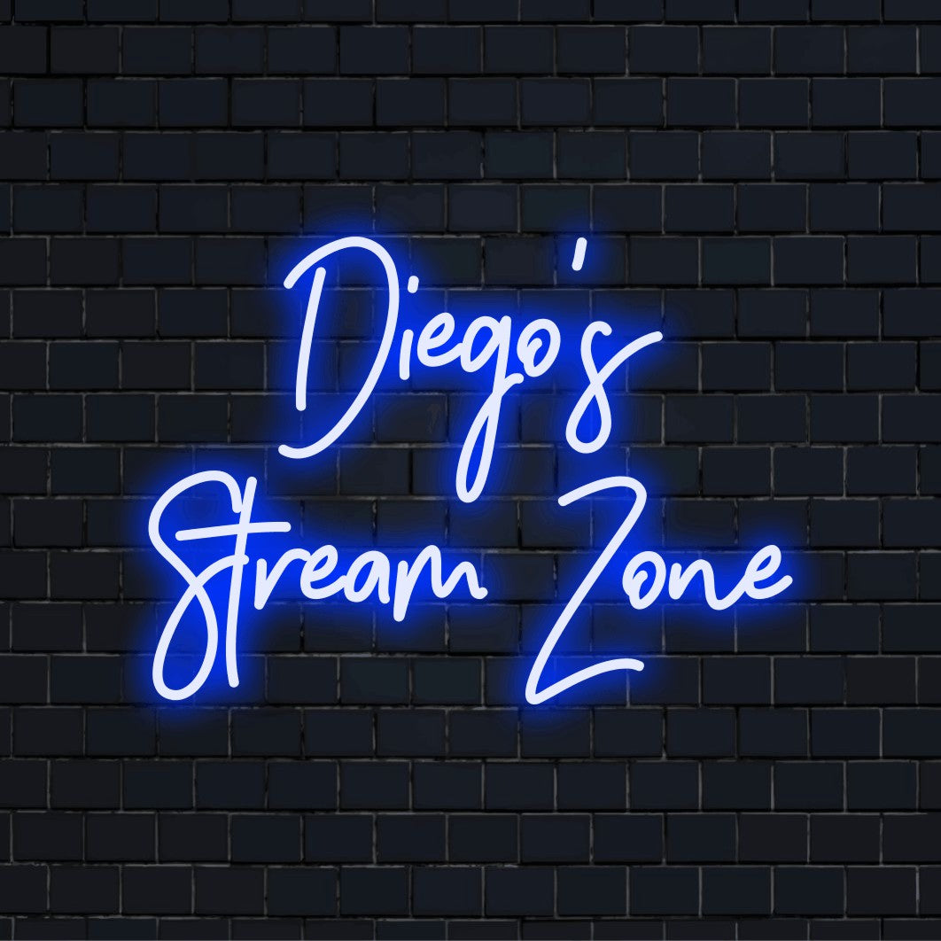 Diego_s Stream Zone Personalized LED Neon Sign, bright neon glow against brick backdrop