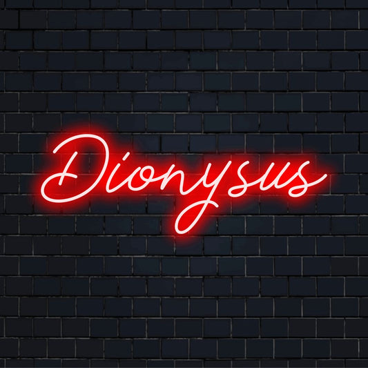 Dionysus Neon Sign, soft neon glow on dark brick wall
