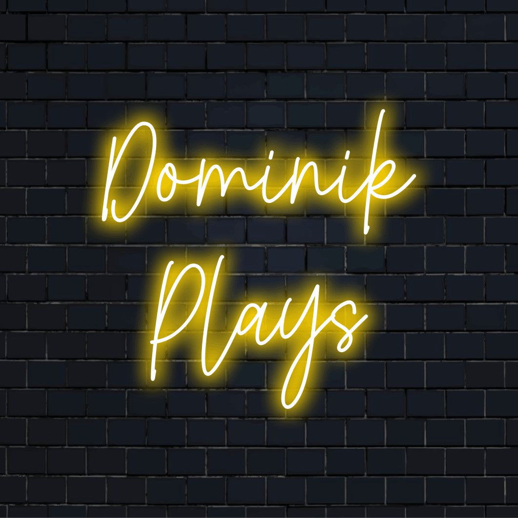 Dominik Plays Custom Name Neon Sign, glowing neon text on dark brick background