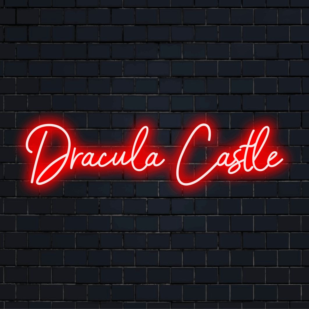 Dracula Castle LED Neon Sign, glowing neon text on dark brick background