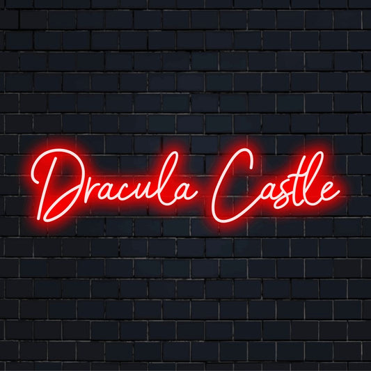 Dracula Castle LED Neon Sign, glowing neon text on dark brick background