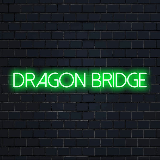Dragon Bridge Neon Sign, bright neon lettering on black brick background